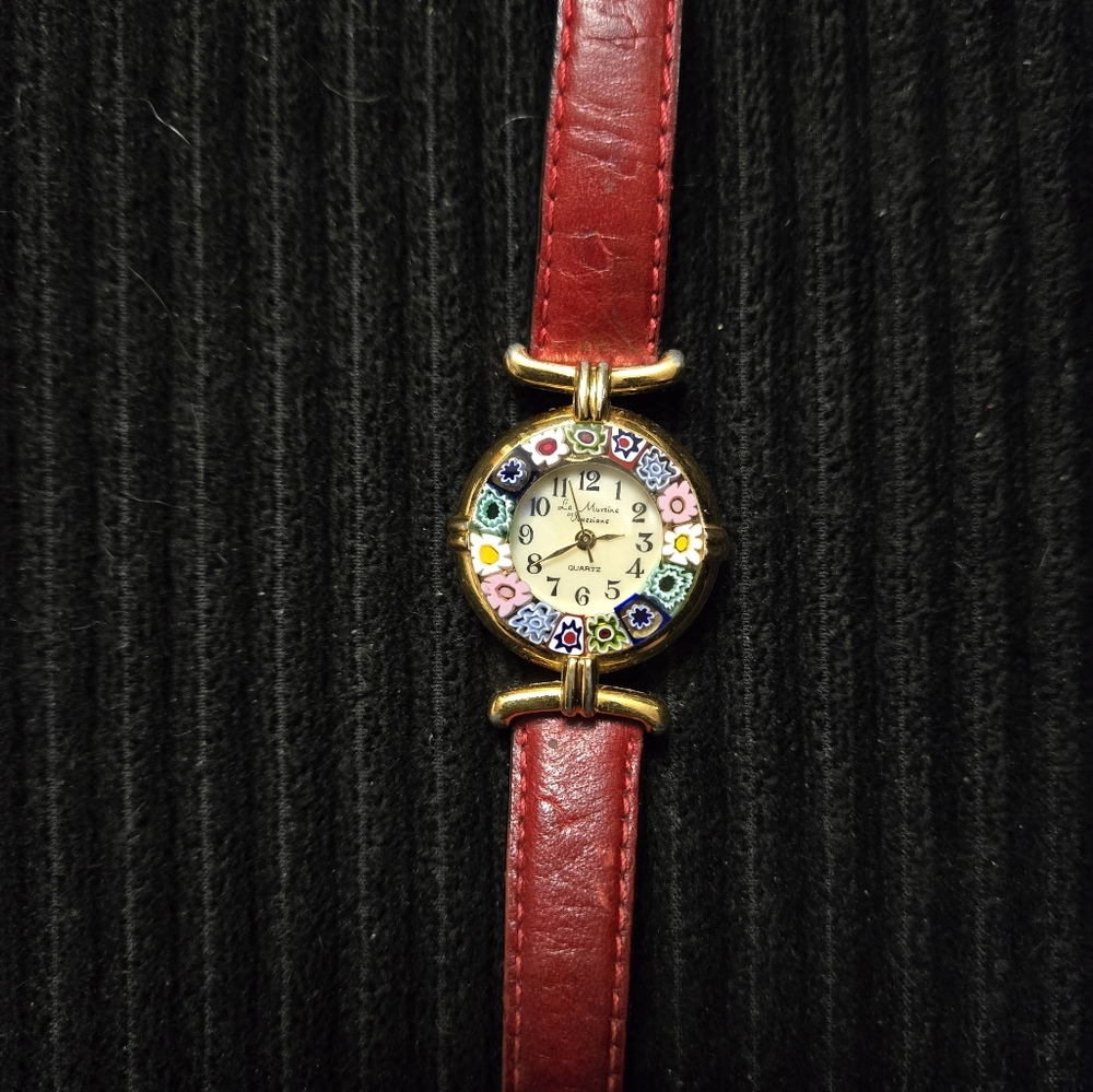 Ladies Murano Millefiori Watch With Leather Band Red